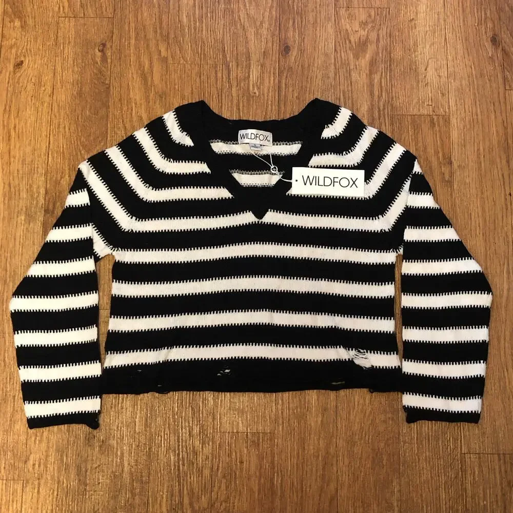 Wildfox Black and White Distressed Striped Pullover Sweater Size Small - Picture 5 of 11